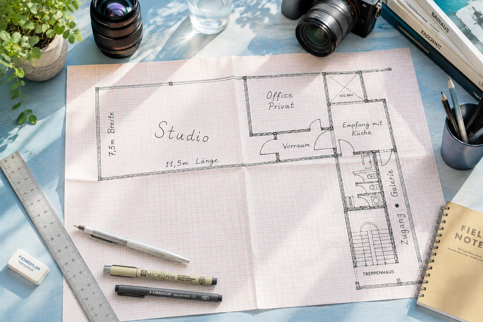 Handgezeichneter Grundriss des Mietstudio-Süd München mit Studio, Nebenräumen und Anlieferung